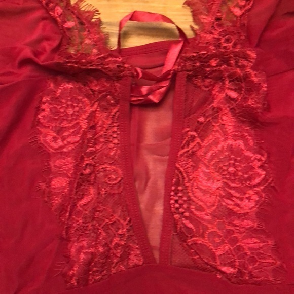 Red eyelash design accent deep V-neck mesh Teddy bodysuit lingerie NEW plus size - Picture 5 of 6